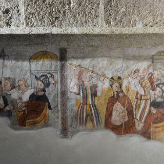 Eglise de Maljasset : les restes de la fresque de la Passion, du XV e  siècle (restaurée au XX e  siècle).