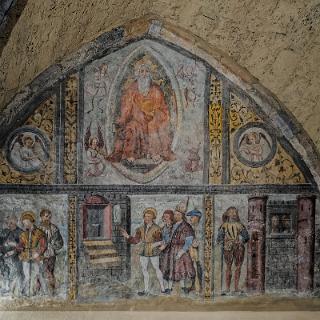Saint Sébastien de Ceillac - fresque murale du tympan gauche du ch&oelig;ur : la vie de saint Sébastien (XV e  - XVI e  siècles - restaurée en 1964)